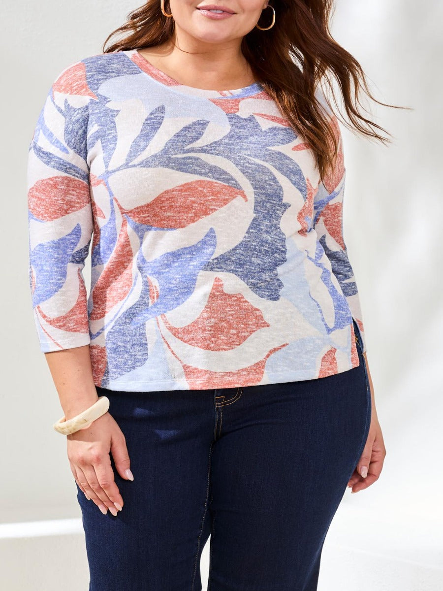 Tribal Essential Hacci Print Crewneck Top by Tribal Sportswear Inc. in soft pastel floral print with three-quarter sleeves.