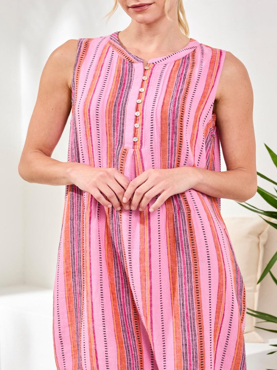 Close-up of sleeveless pink dress with orange and black stripes and buttons, Tribal Flora Palm Linen Stripe Sleeveless Dress by Tribal Sportswear Inc.