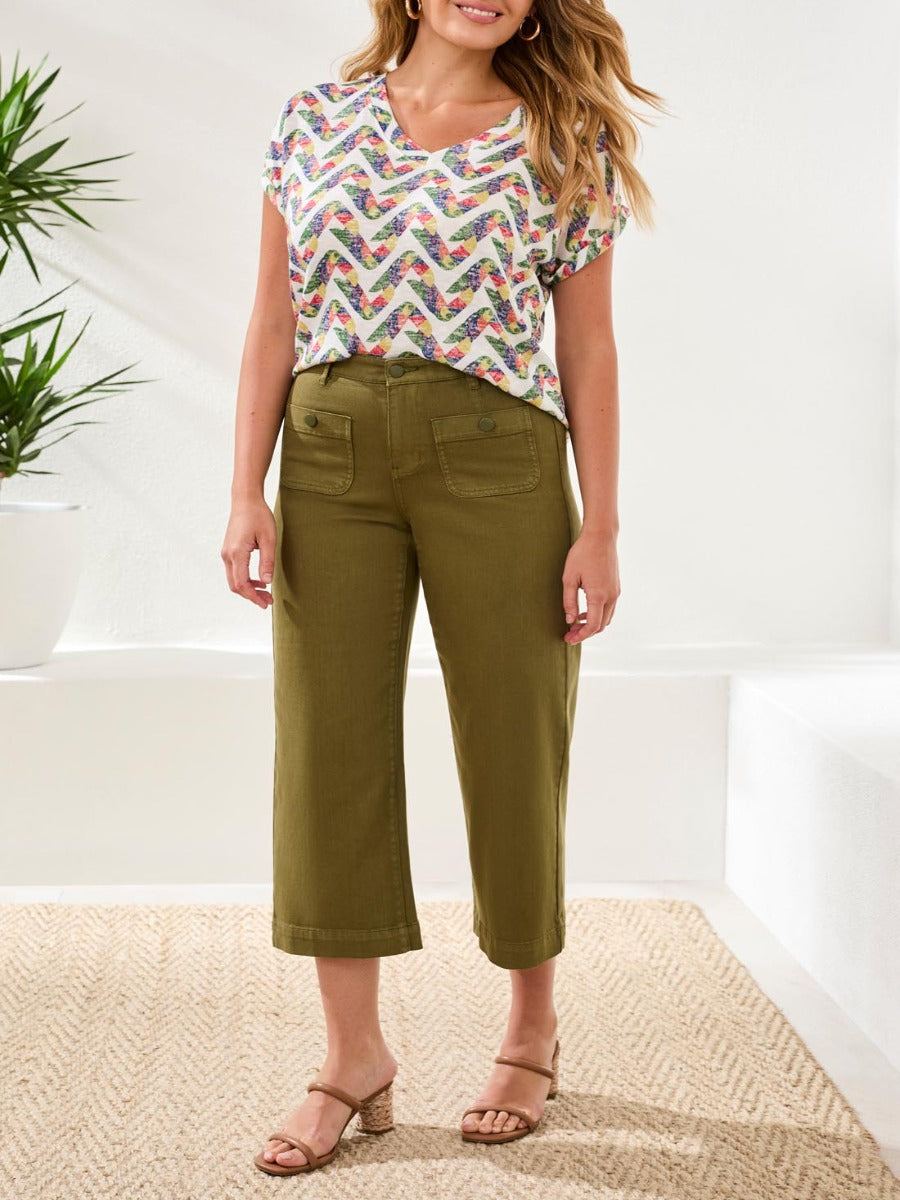 Tribal Sophia 25" Pocket Palazzo Pants in olive green by Tribal Sportswear Inc. styled with casual top and sandals