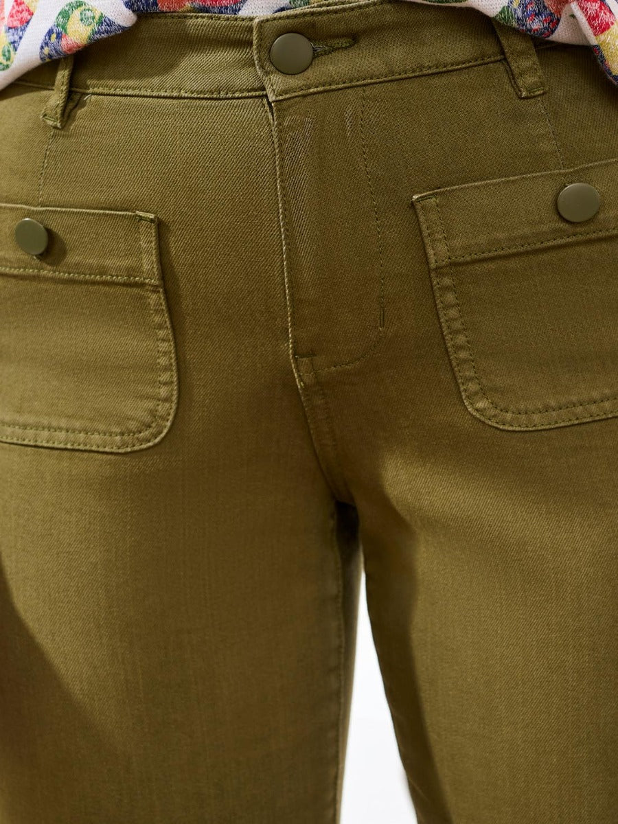 Close-up of olive green Tribal Sophia 25" Pocket Palazzo Pants by Tribal Sportswear Inc. with front flap pockets.