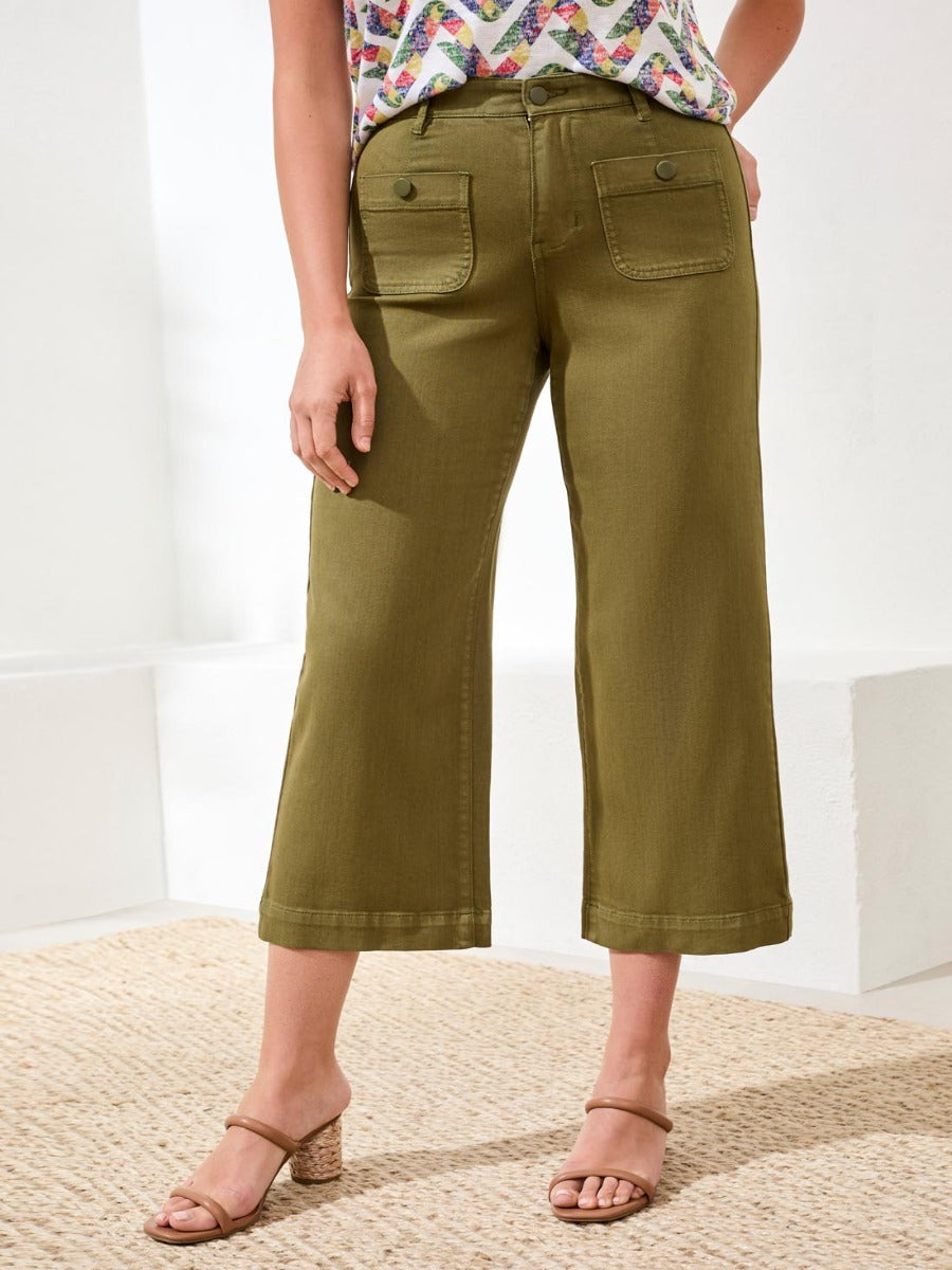Olive green cropped wide-leg pants with front pockets, styled with sandals by Tribal Sportswear Inc., Tribal Sophia 25" Pocket Palazzo Pants.
