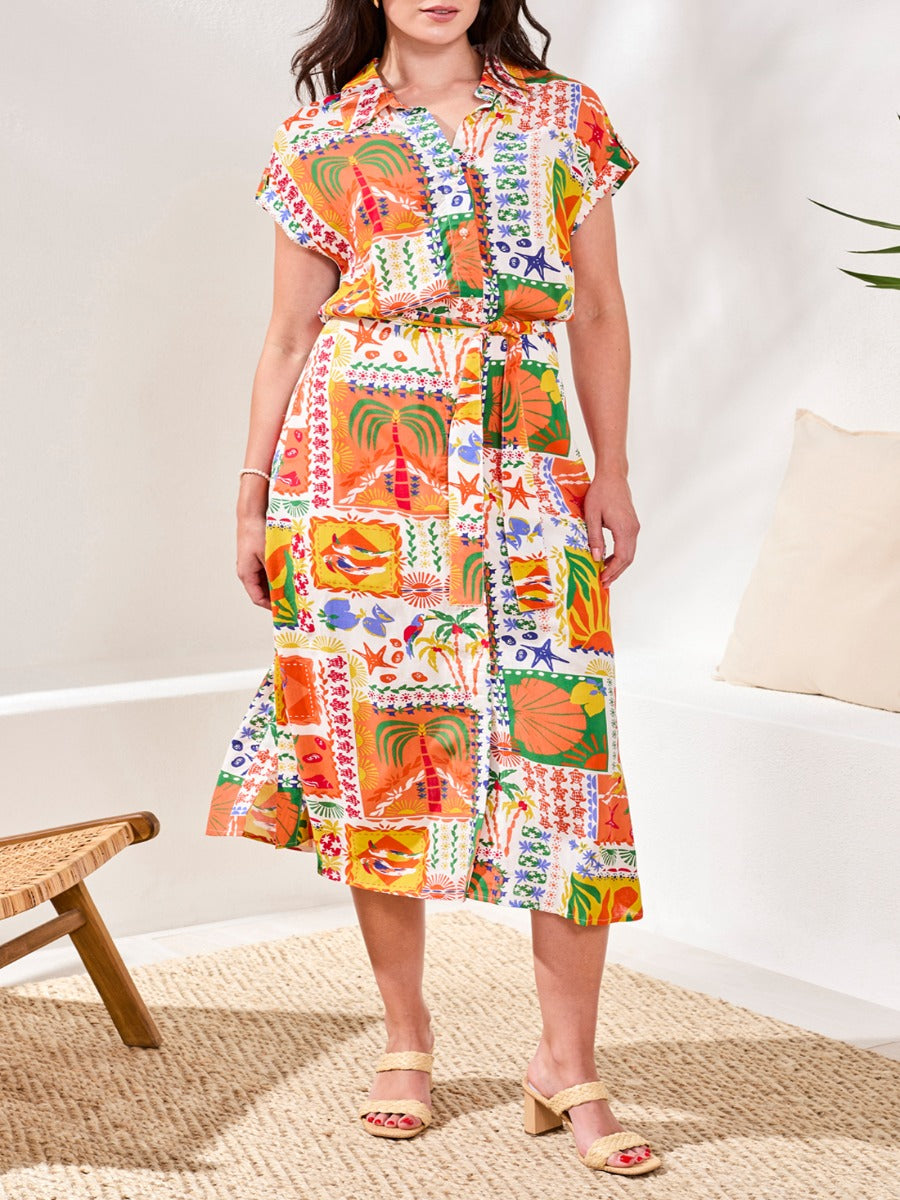 Tribal Ray of Color Short Sleeve Midi Dress by Tribal Sportswear Inc. with vibrant tropical print and belted waist