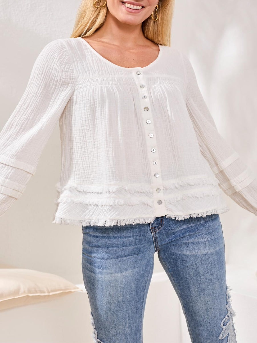Off-white Tribal Casual Chic Gauze Tiered Top with buttons and fringe details by Tribal Sportswear Inc.