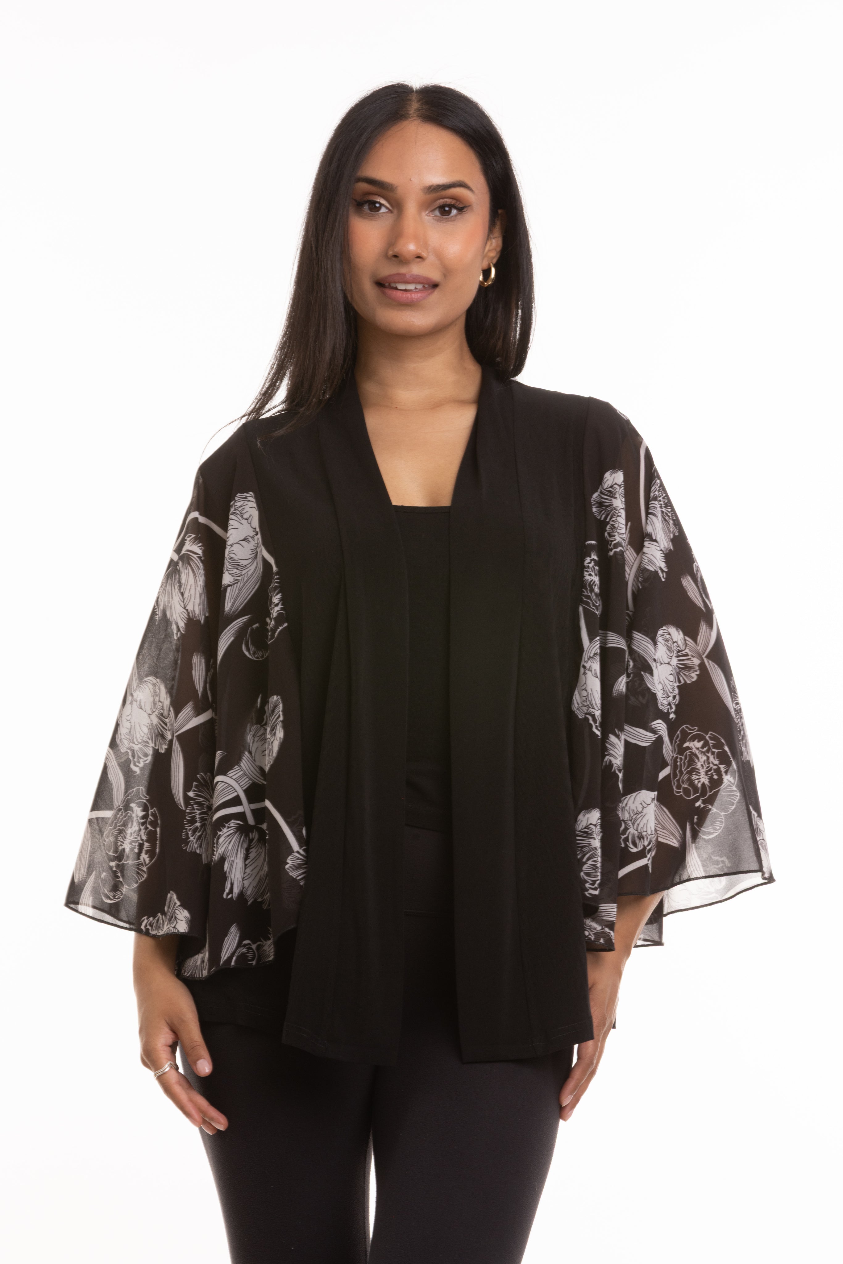 Sheer Floral Sleeve Open Front Cardigan by Nulook Fashions with black floral sheer sleeves and open front design