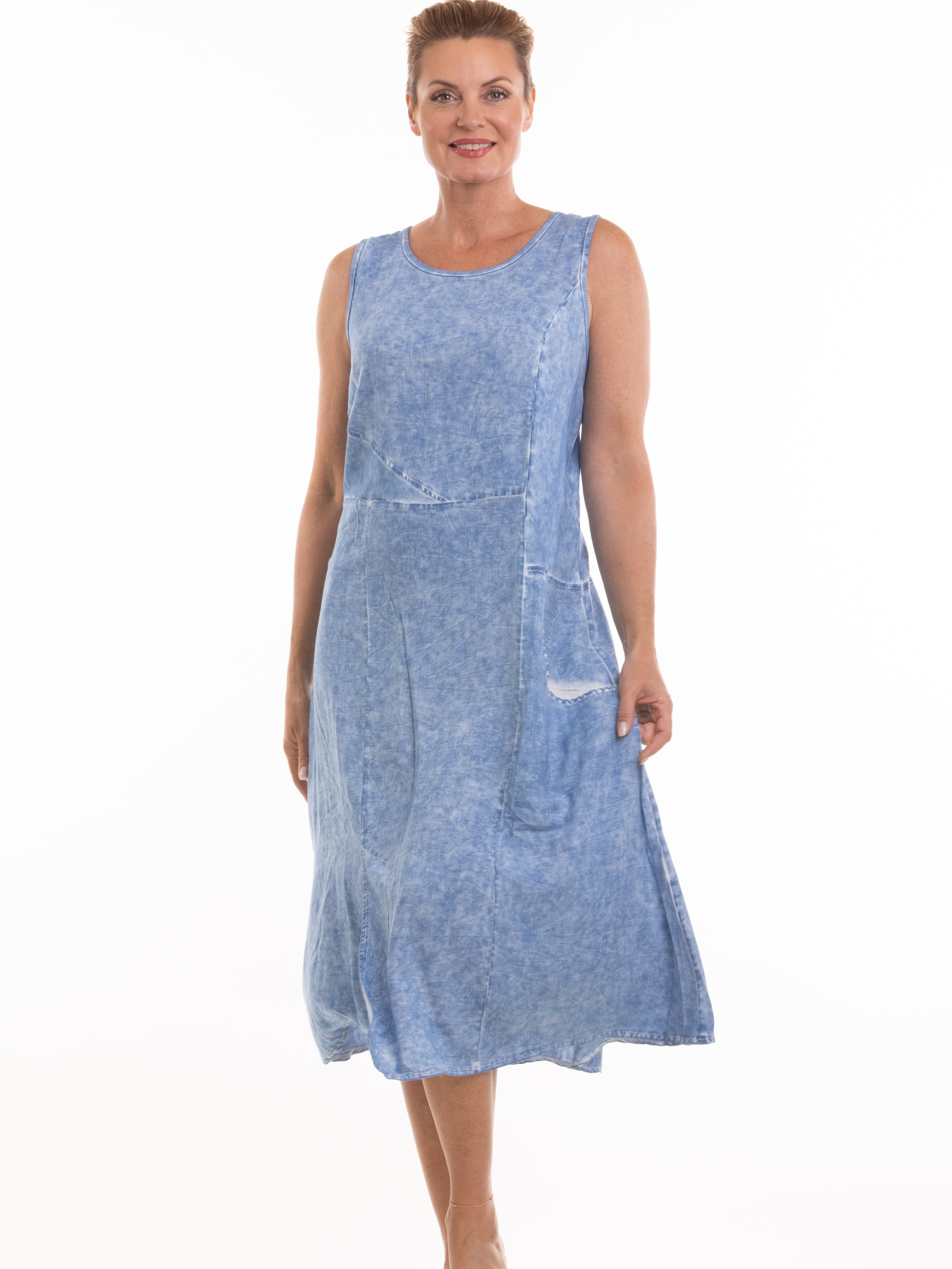 Blue stone wash sleeveless crew neck dress by Nulook Fashions with subtle patchwork and relaxed fit design.