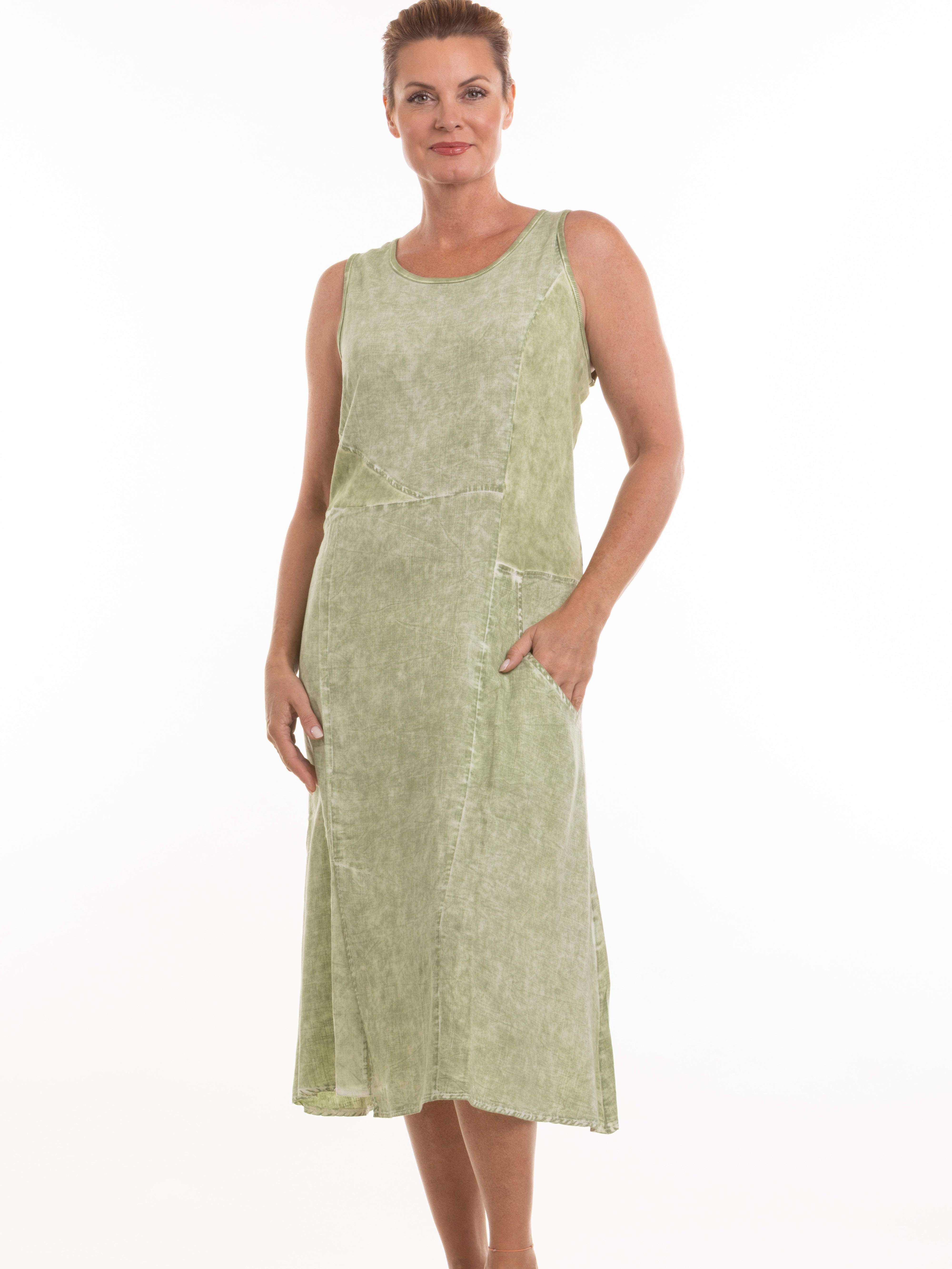 Stone Wash Sleeveless Crew Neck Dress in light green with pockets by Nulook Fashions, casual denim-inspired outerwear.