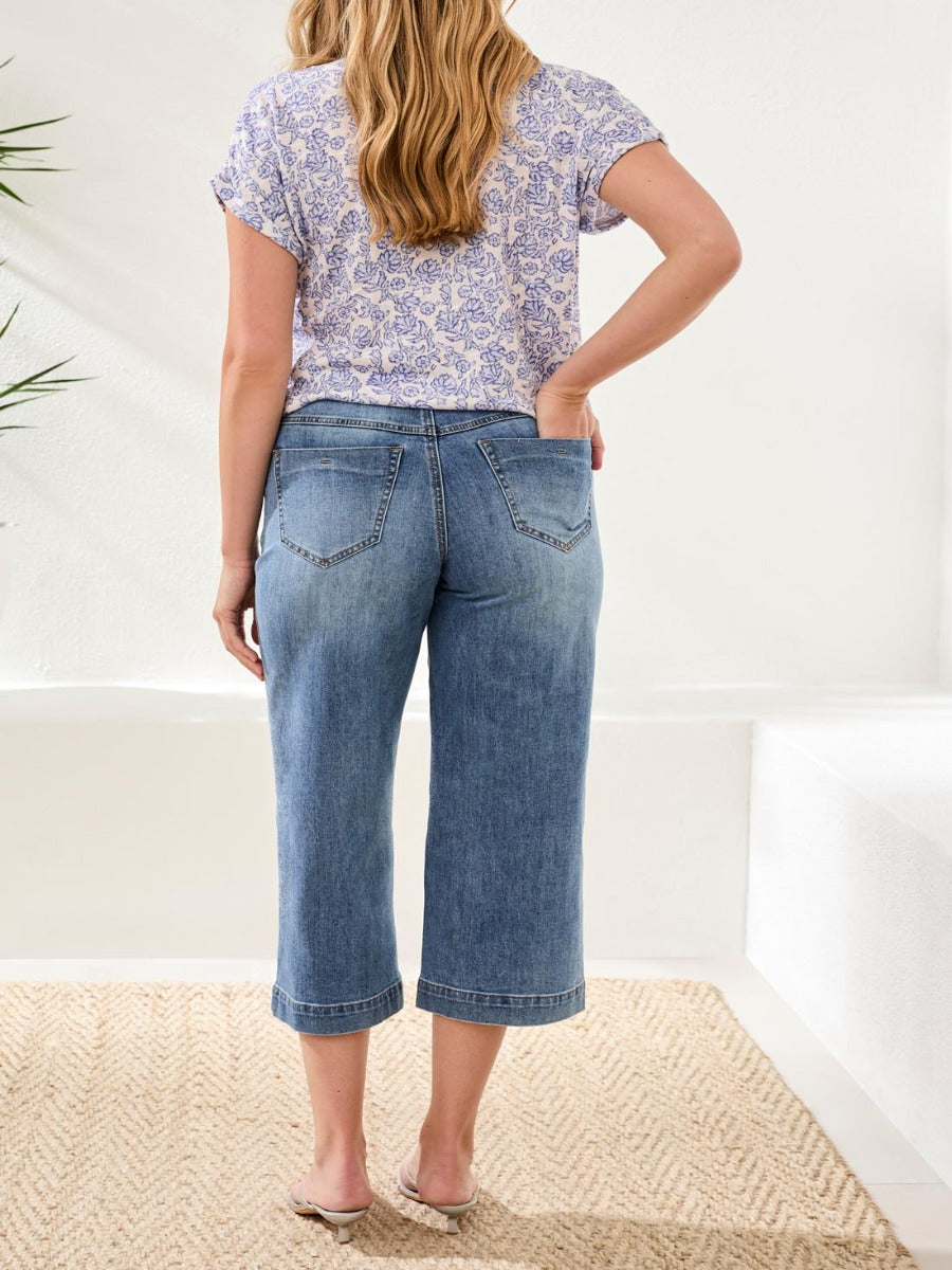 Tribal Audrey 25" Denim Jeans by Tribal Sportswear Inc., cropped wide-leg denim with back pockets and light wash finish.