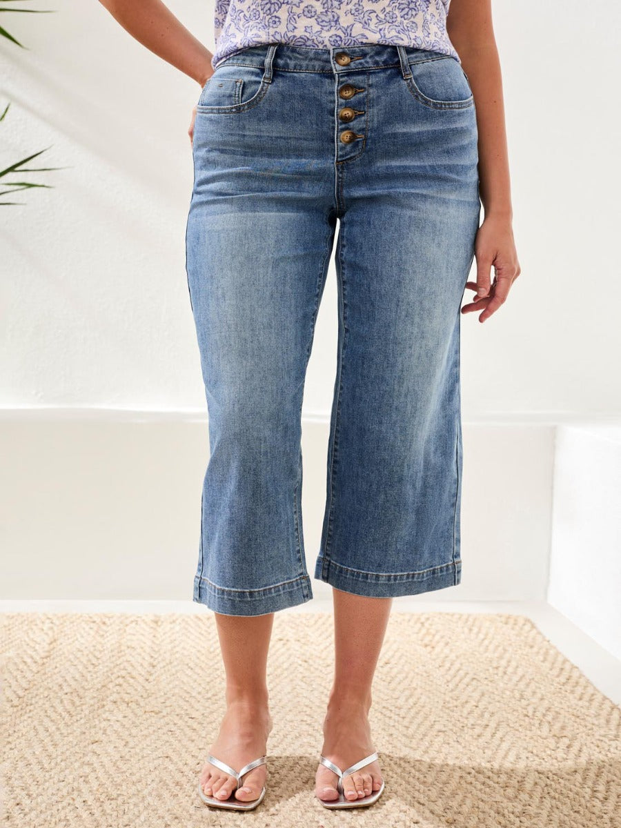 Tribal Audrey 25" Denim Jeans by Tribal Sportswear Inc., mid-rise cropped blue denim with front button detail