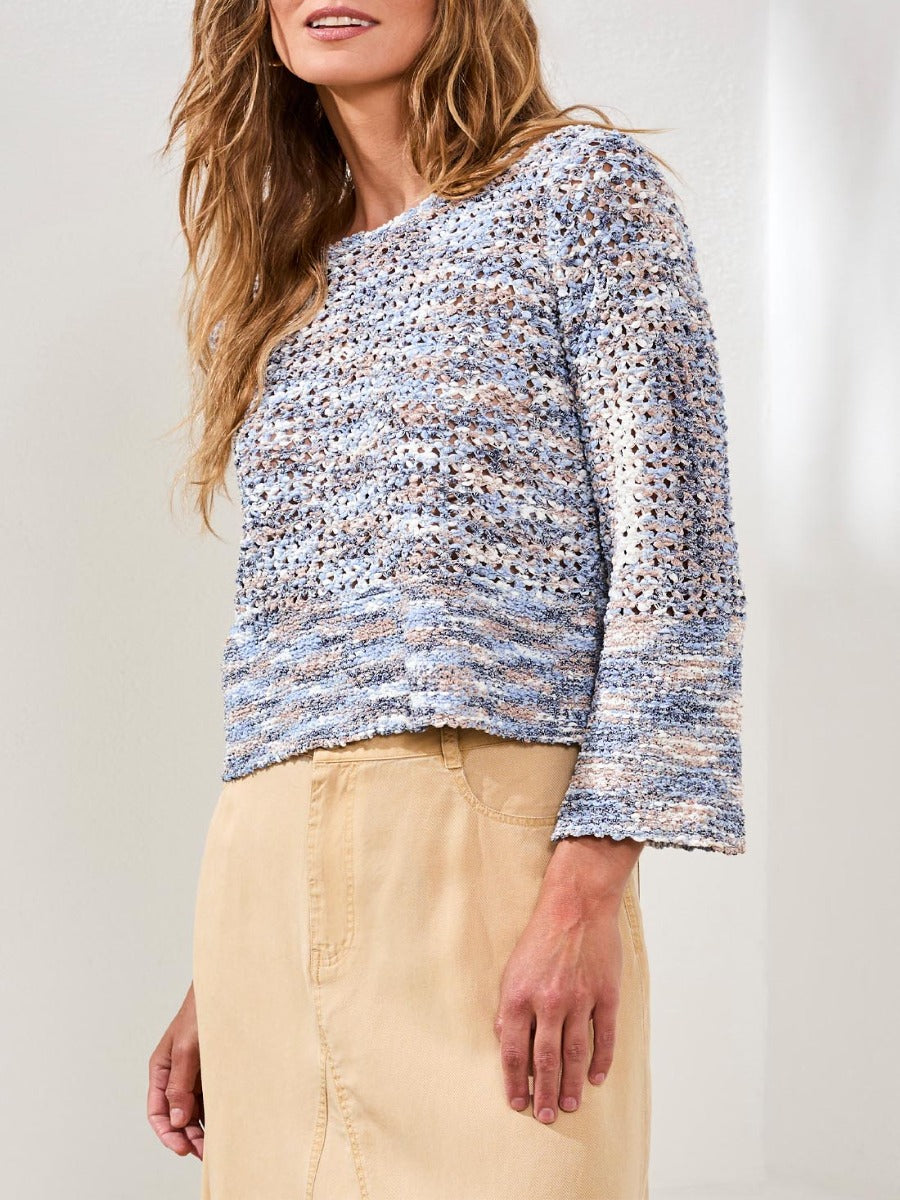 Tribal Casual Chic Crochet Bell Sleeve Top in soft blue and beige tones by Tribal Sportswear Inc., lightweight crochet top