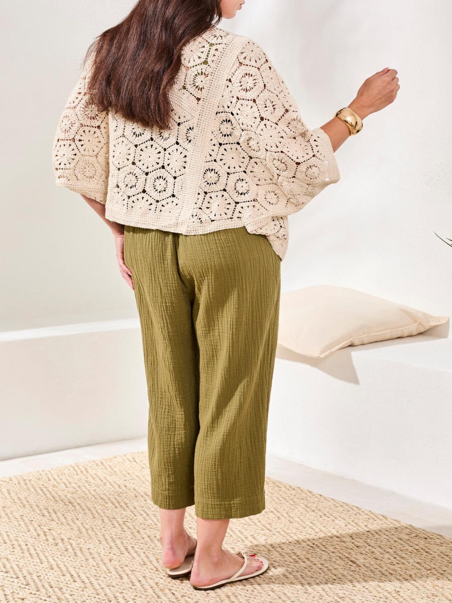 Tribal Lush Oasis Crochet Open Cardigan by Tribal Sportswear Inc., beige crochet sweater with open pattern and relaxed fit