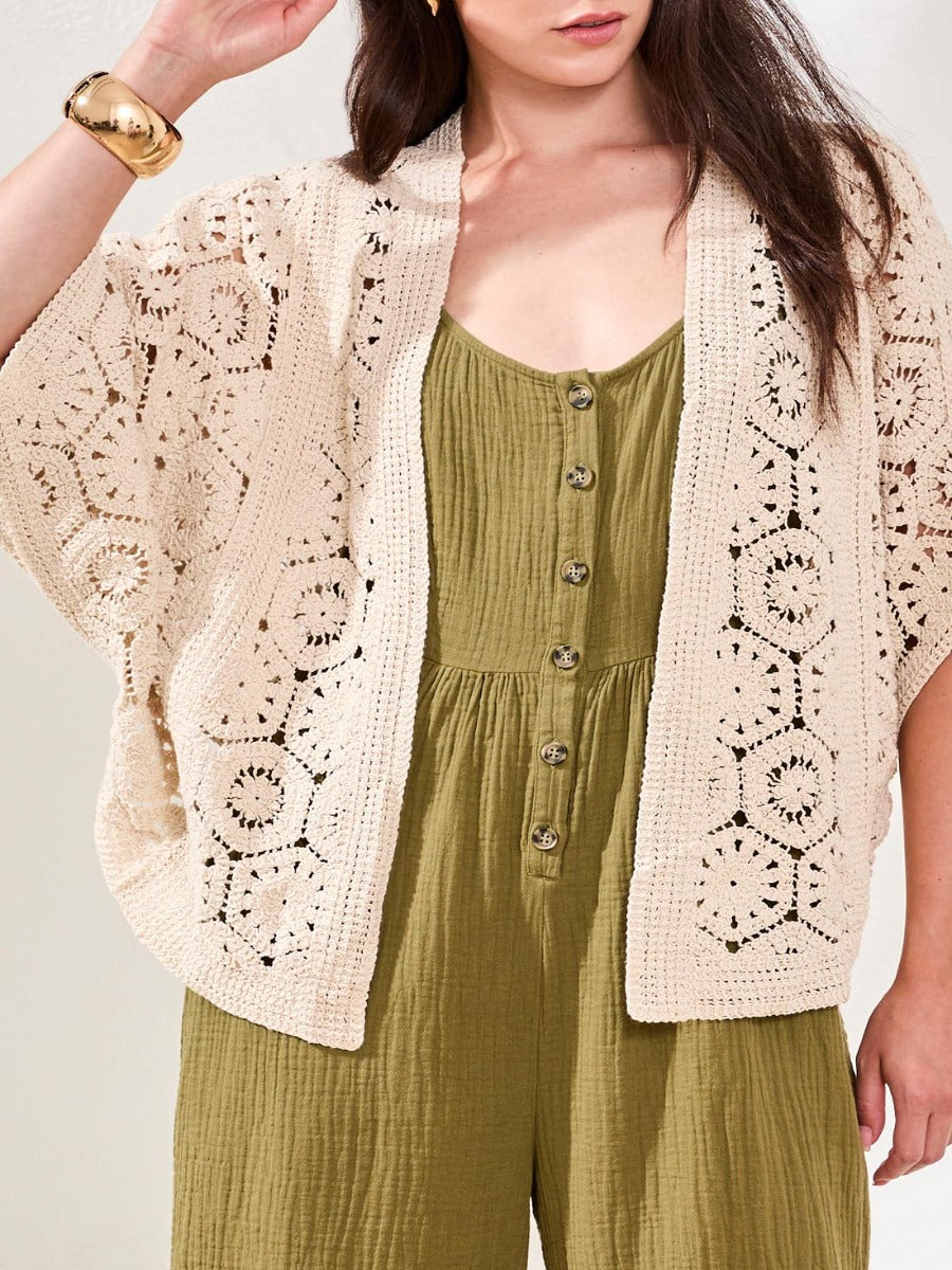 Tribal Lush Oasis Crochet Open Cardigan in natural crochet openwear, styled with olive green outfit by Tribal Sportswear Inc.