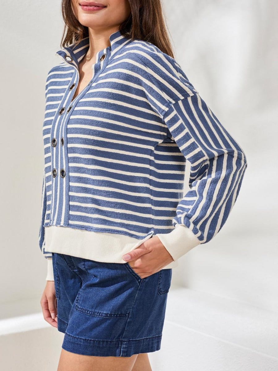 Tribal Casual Chic Striped Floral Eyelet Top by Tribal Sportswear Inc. in blue and white stripes with button details