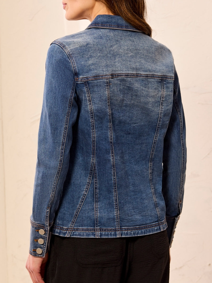 Back view of a fitted blue denim jacket with seams and buttoned cuffs on a neutral background.