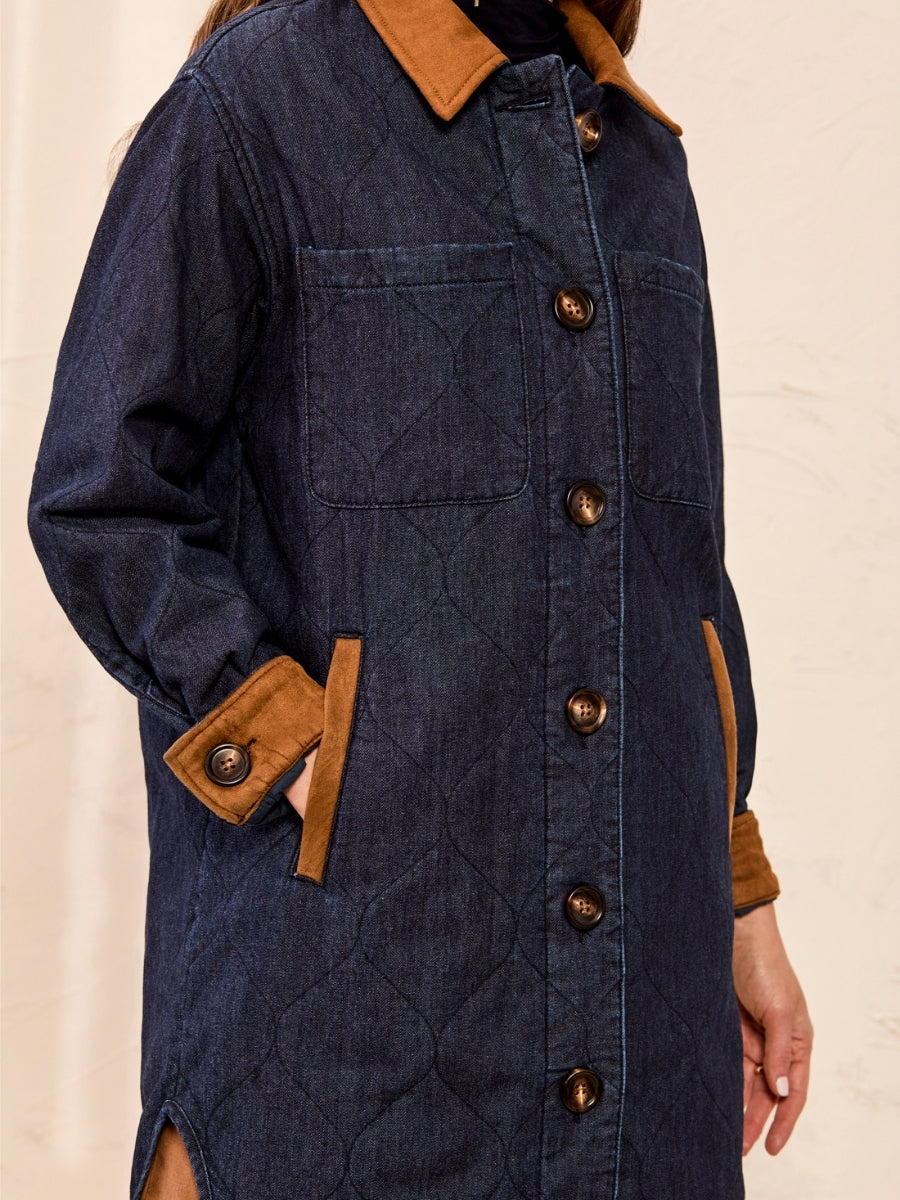 Dark blue quilted denim jacket with brown corduroy collar, cuffs, button placket, and side pockets.