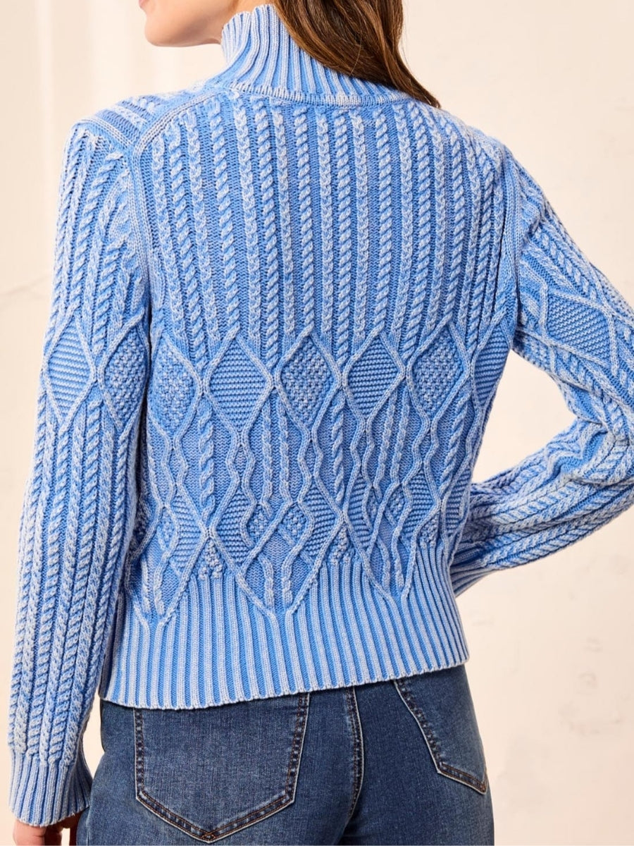 Blue cable knit sweater with diamond pattern and high ribbed collar paired with dark denim jeans viewed from the back.