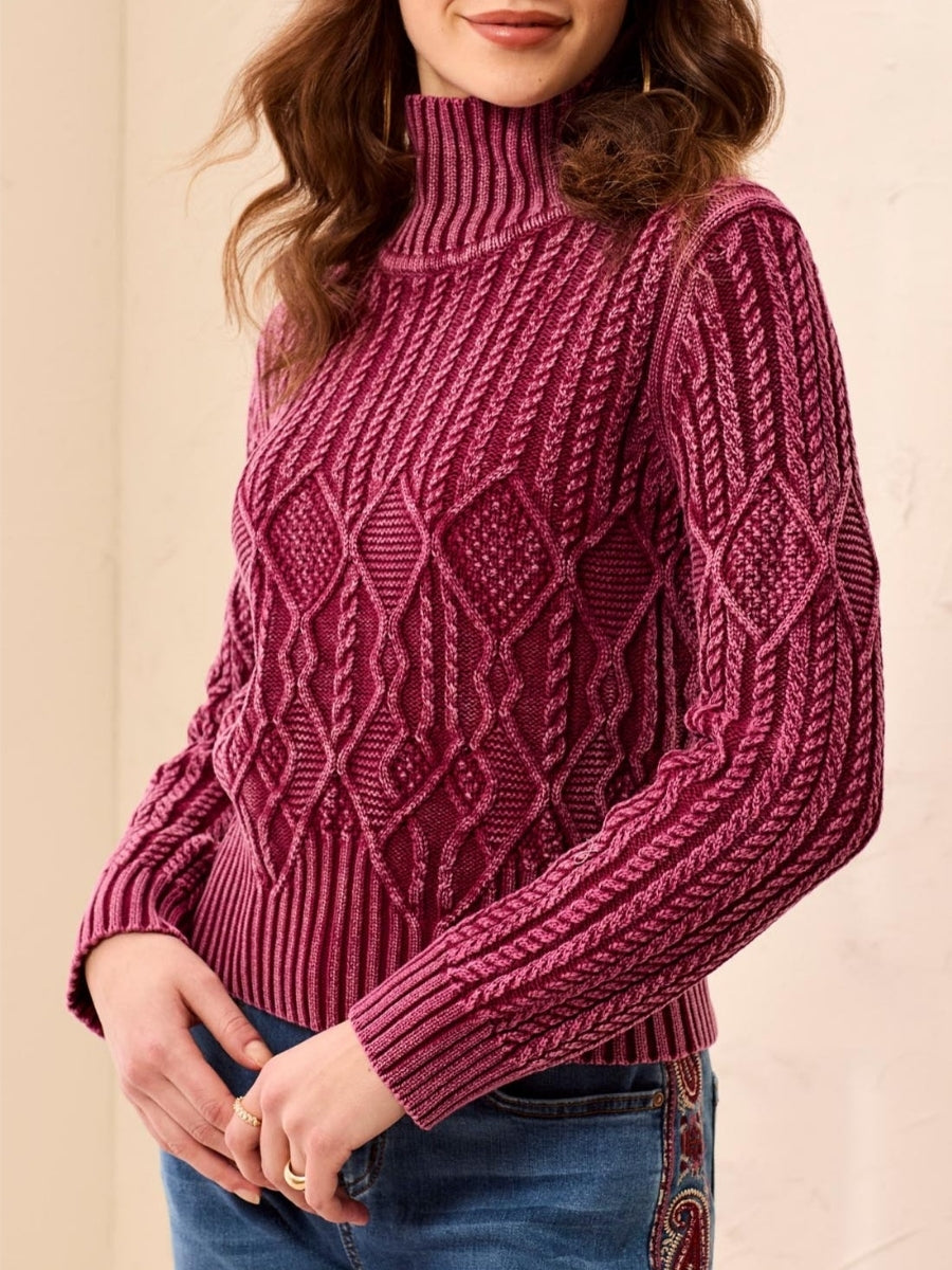 Tribal Cotton Fold Me Down Mock Neck Sweater in deep pink with textured knit pattern by Tribal Sportswear Inc.