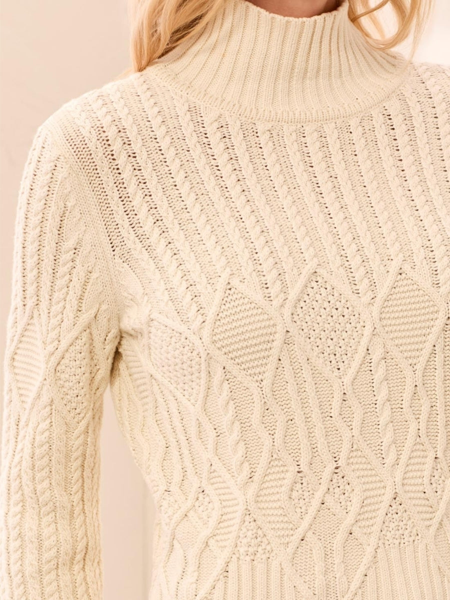 Close-up of a cream-colored knitted sweater with a high ribbed collar and intricate cable knit patterns.