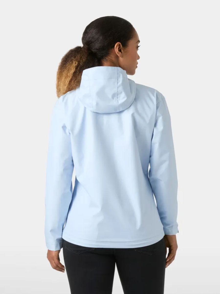 Light blue hooded jacket paired with dark pants shown from the back on plain background
