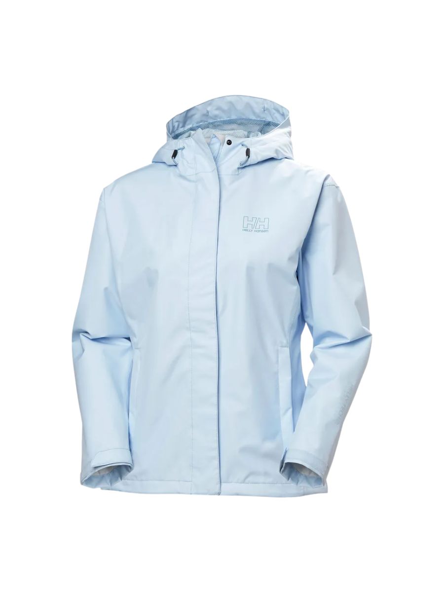 Light blue waterproof jacket with hood and front zipper closure, featuring subtle logo on the chest.