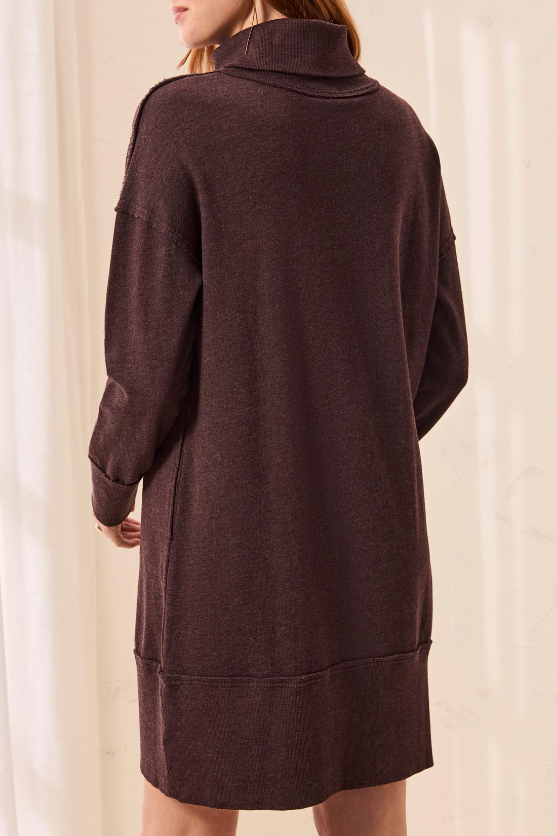 Dark brown long-sleeve sweater dress with a rolled neckline and ribbed hem shown from the back.
