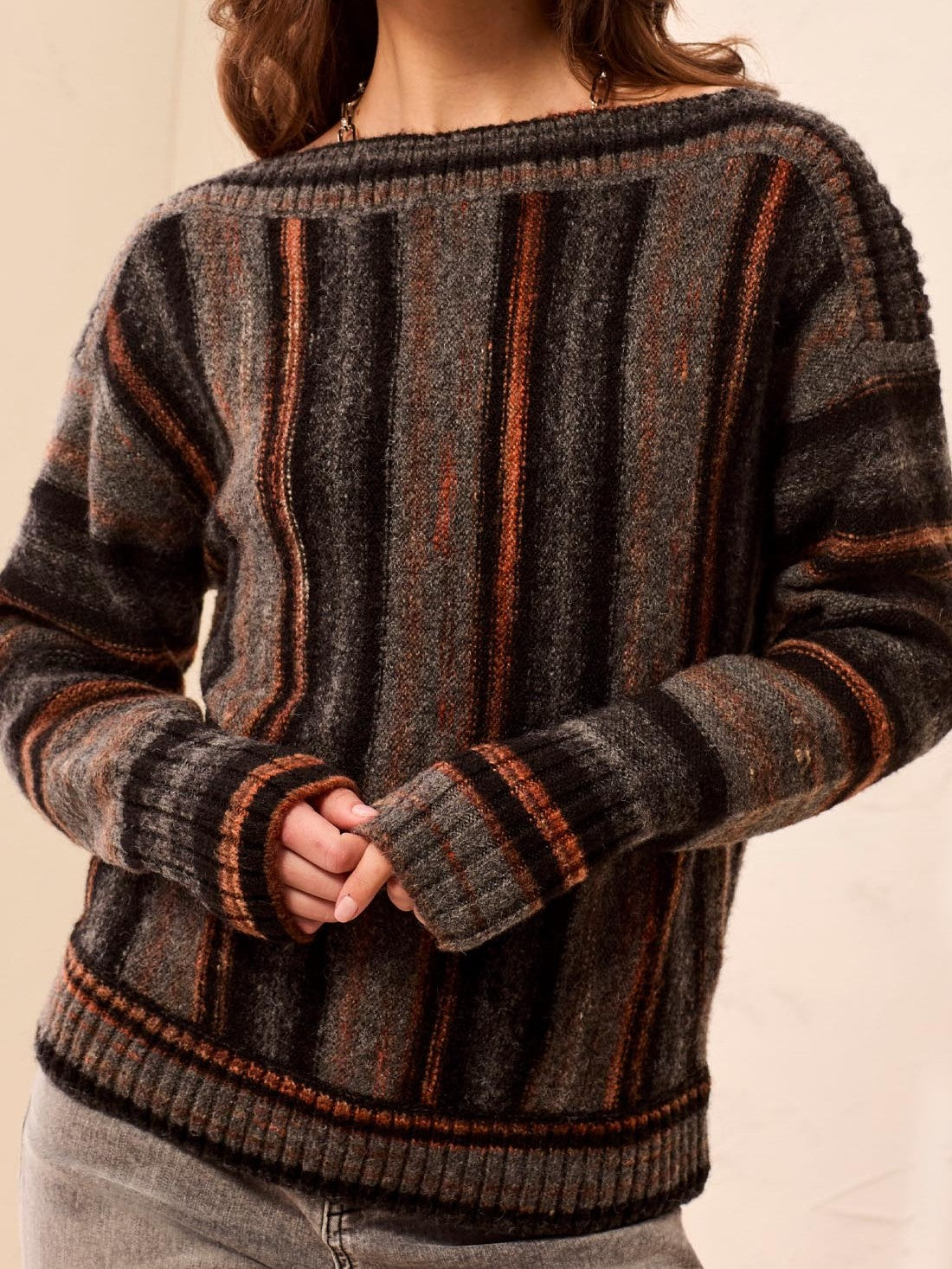 Tribal New Boho Vertical Stripe Boat Neck Sweater