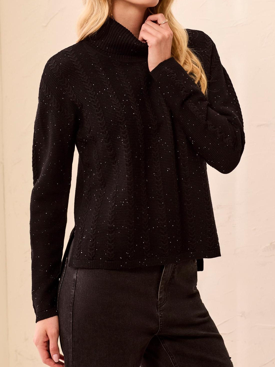 Tribal Turtleneck Glitter Cable Sweater