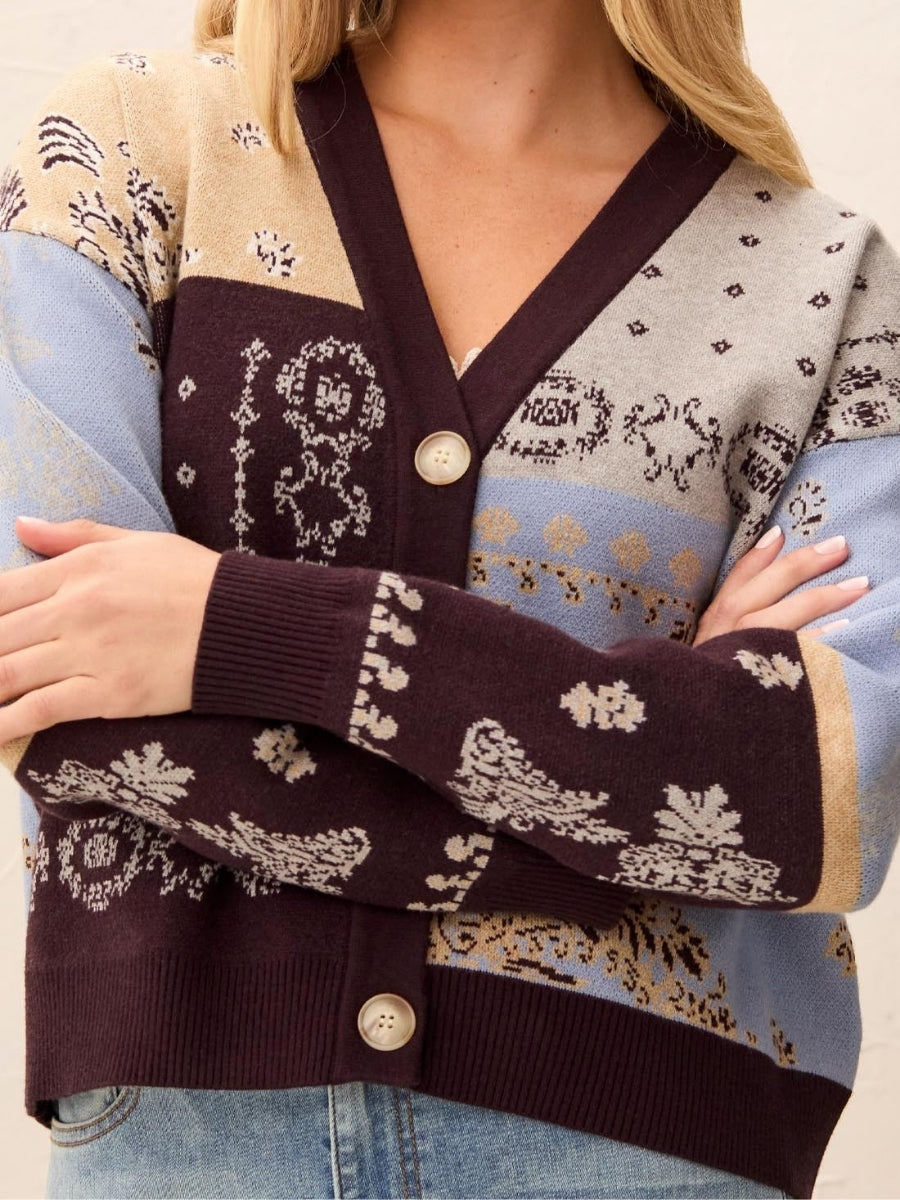 Tribal Patchwork Jacquard V-Neck Button Cardigan