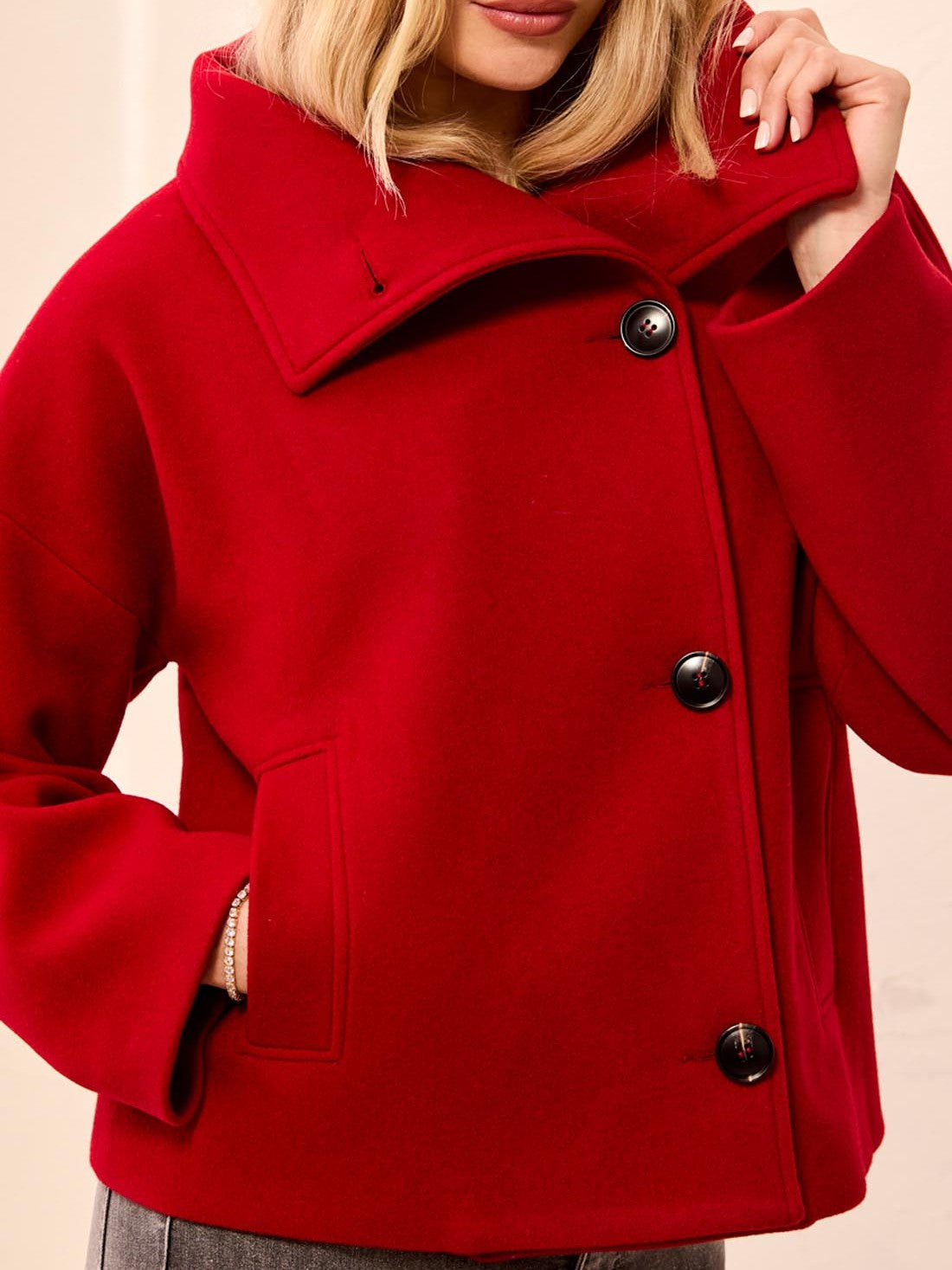 Tribal Lofty Chic Funnel Neck Jacket in red with button front and pockets by Tribal Sportswear Inc.