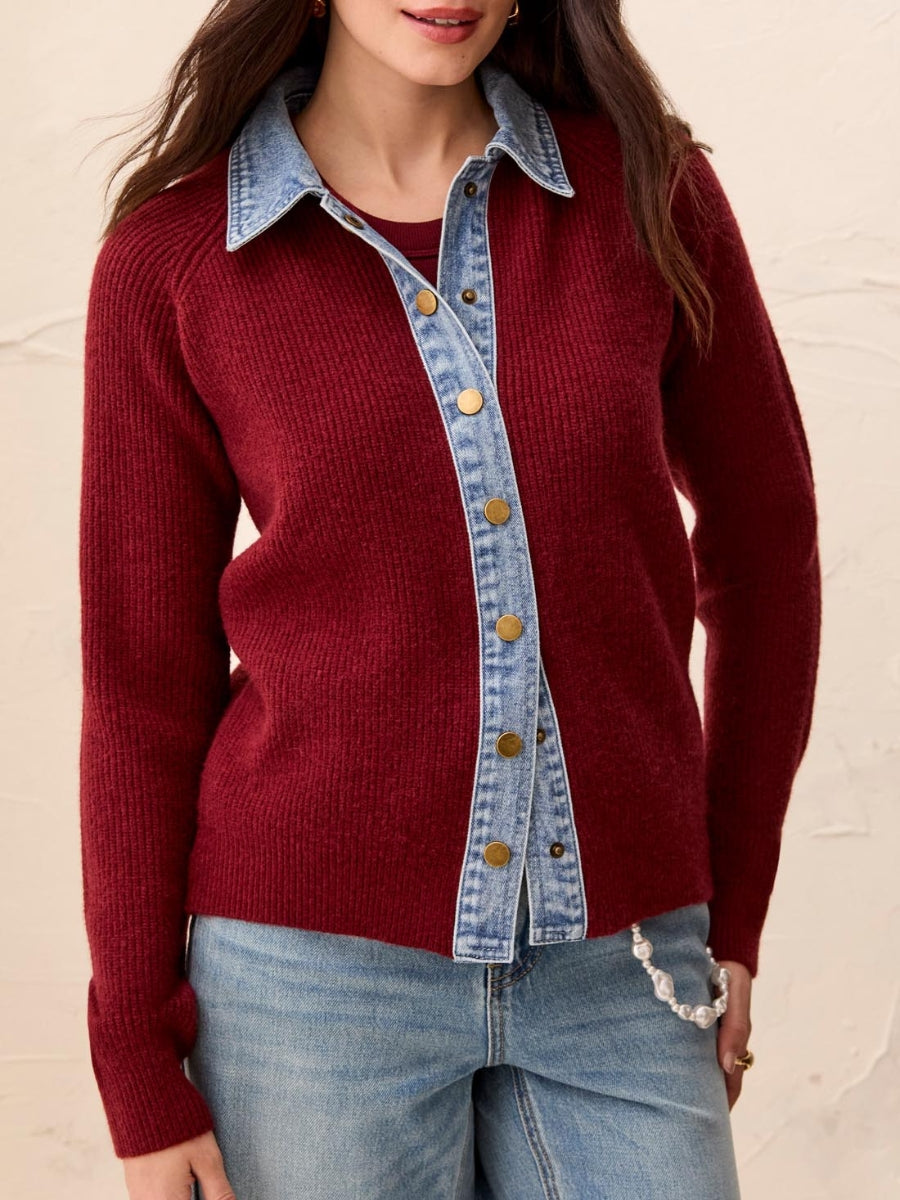 Tribal Cardigan with Denim Detail in burgundy knit and denim collar/button placket by Tribal Sportswear Inc.