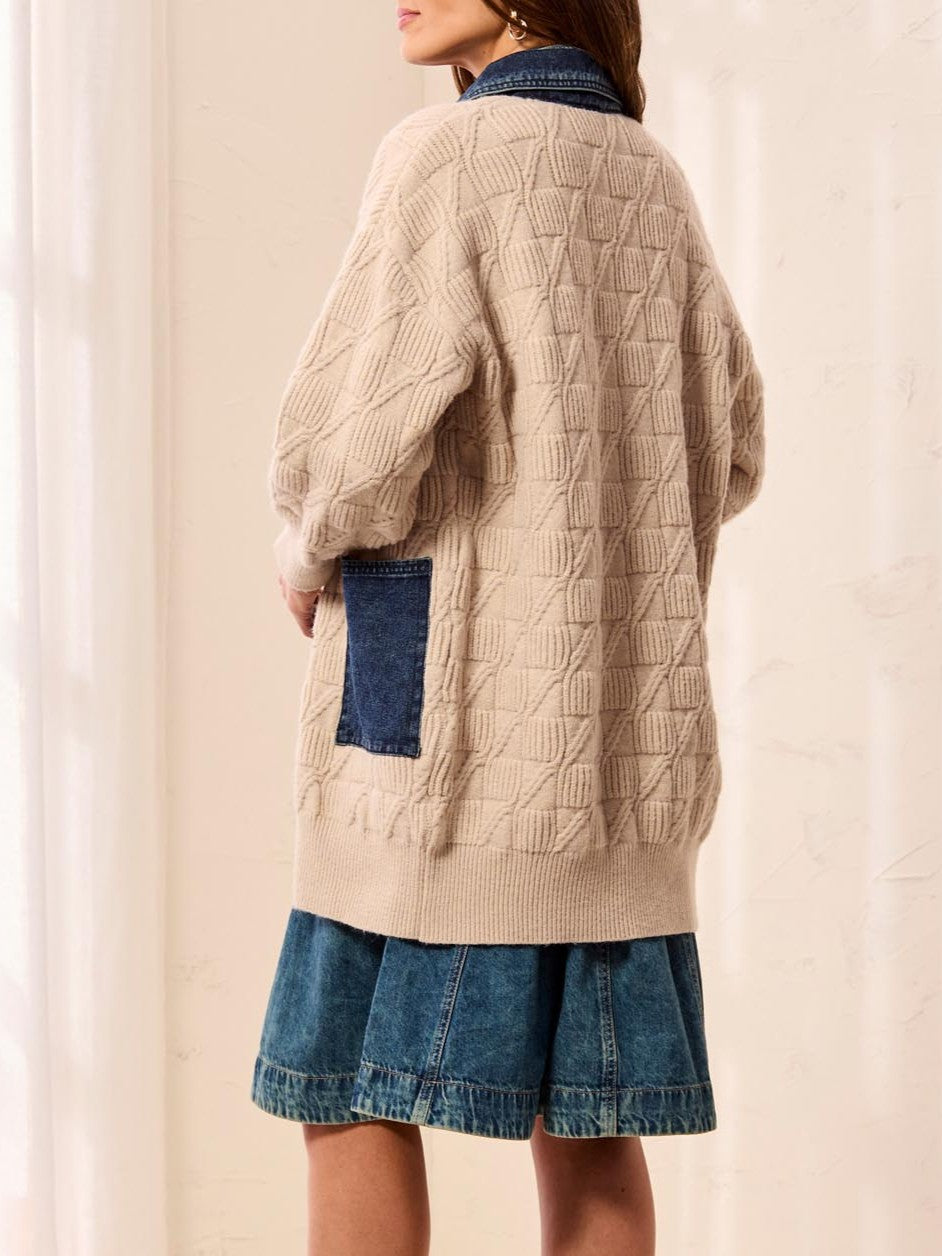 Tribal New Boho Denim Cable Knit Cardigan