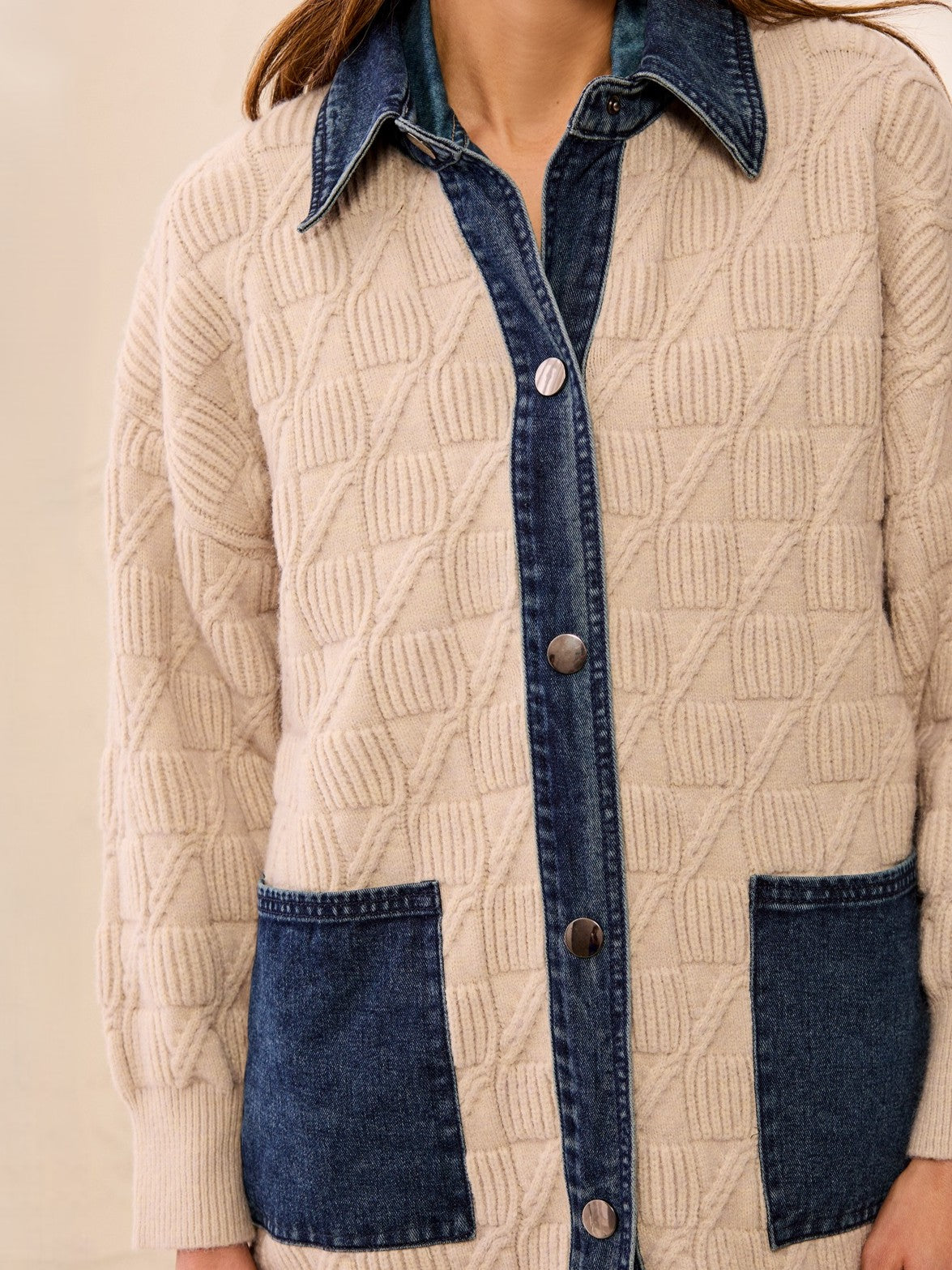 Tribal New Boho Denim Cable Knit Cardigan