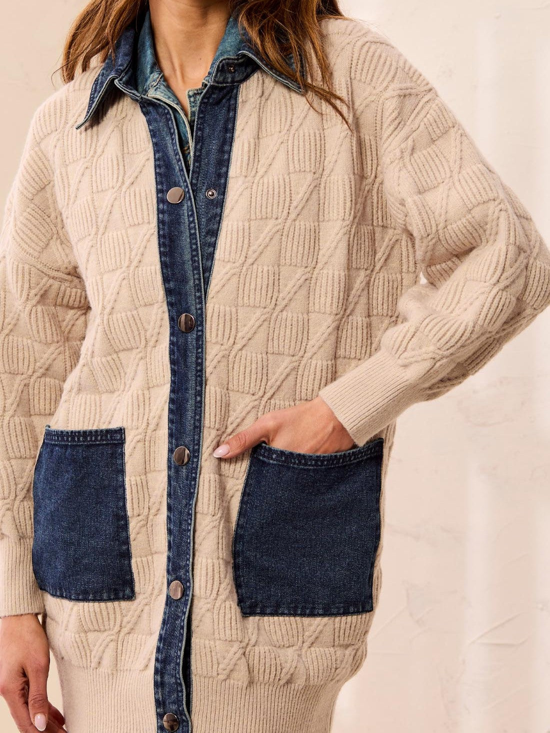 Tribal New Boho Denim Cable Knit Cardigan