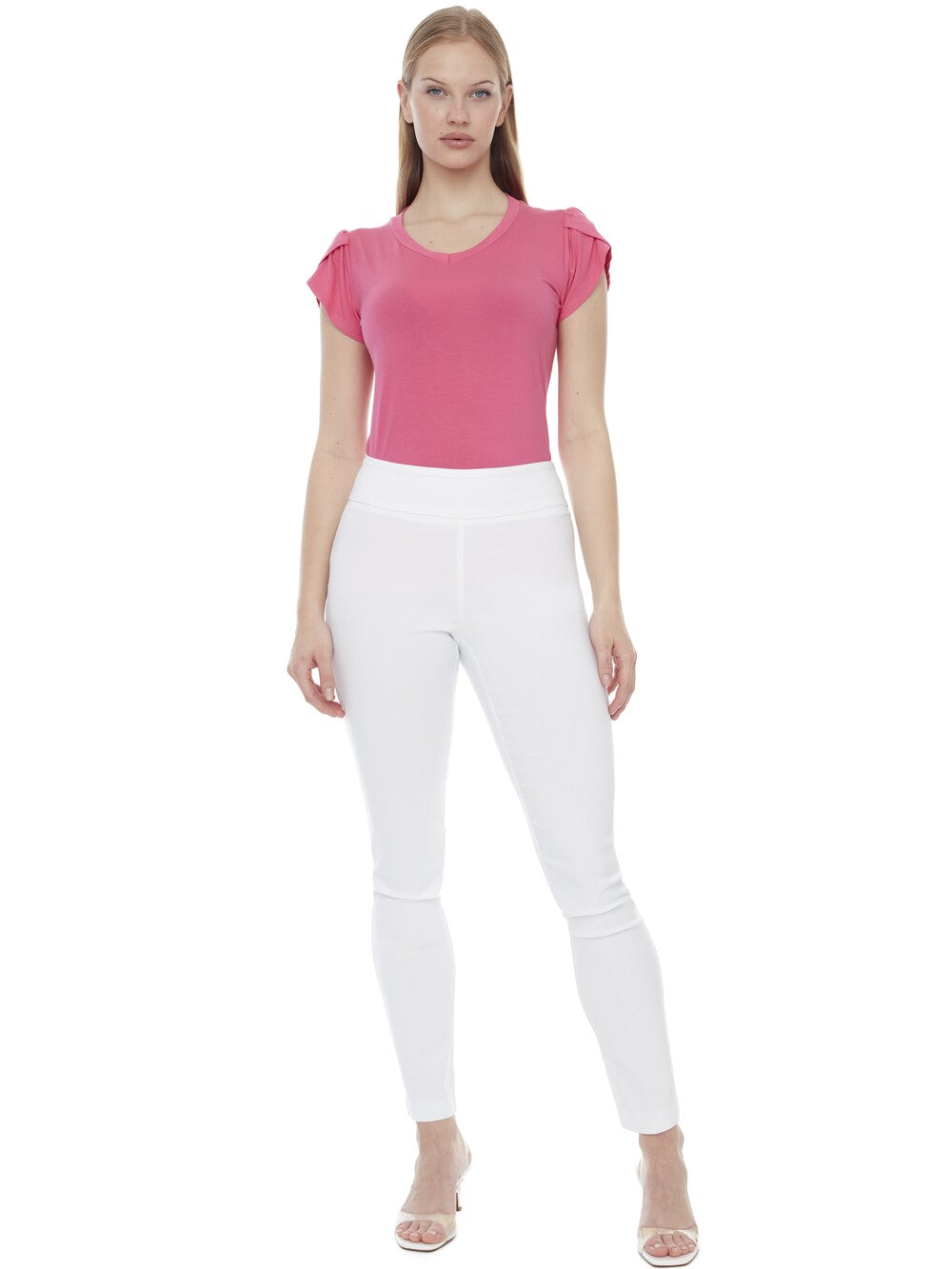 Up 31" Basic Control Warp Slim Pant in white by Up, styled with a pink short-sleeve top and heels.