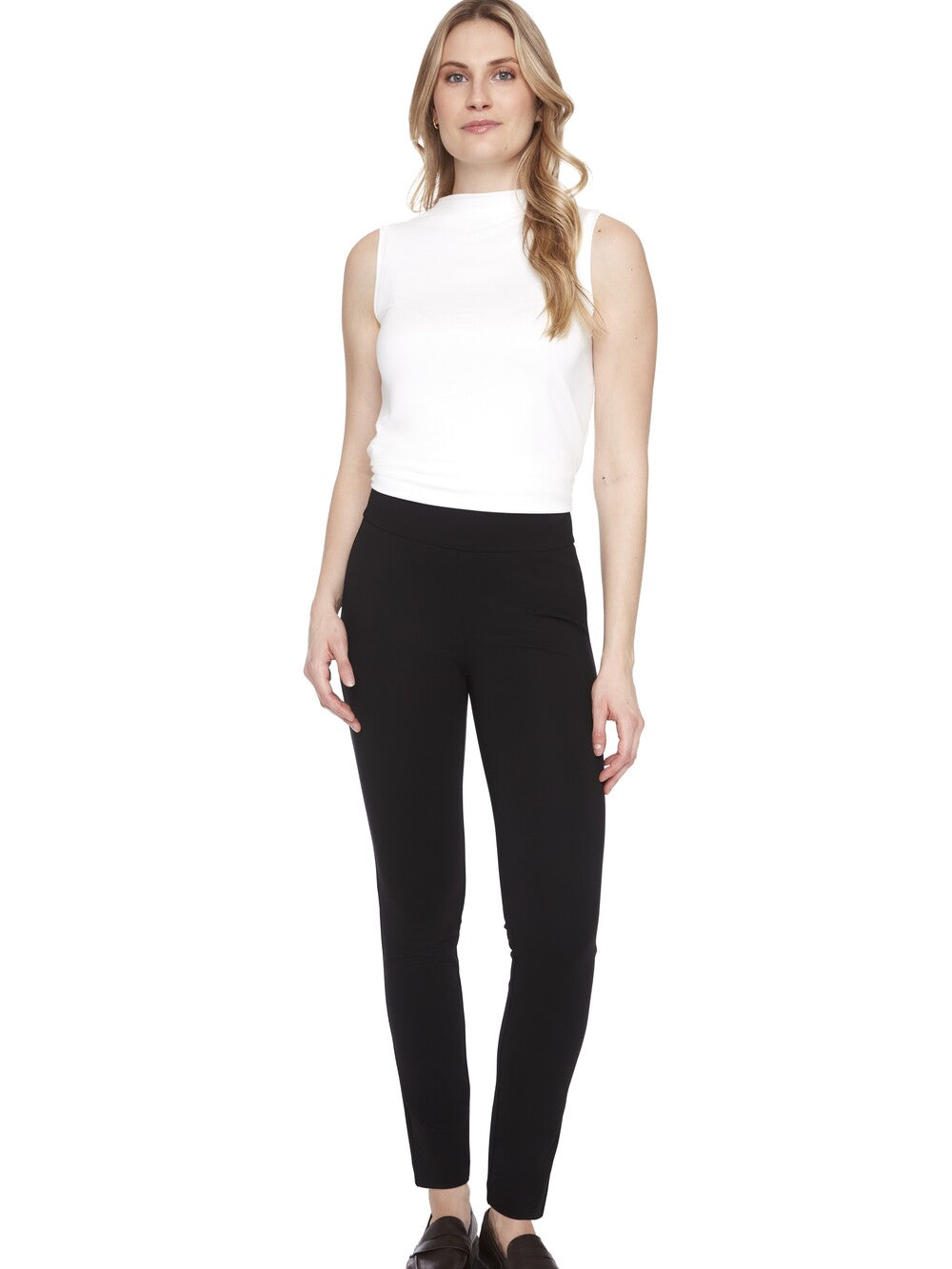 Slim fit black pants styled with a white sleeveless top, showcasing UP Ponte Basic Slim Pant 31" by Up.