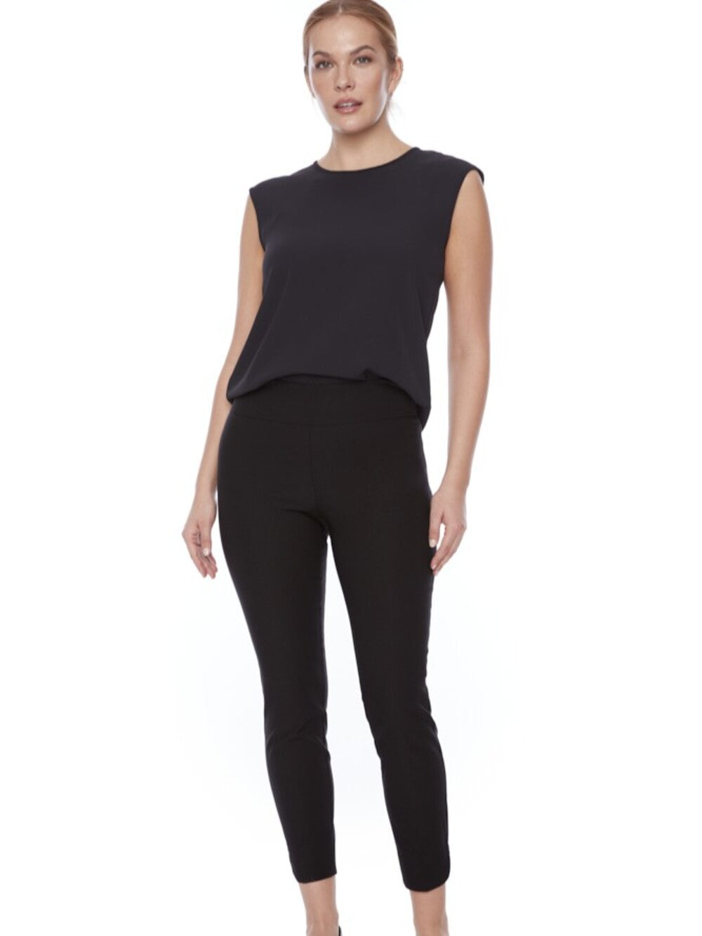 Model wearing black UP Solid Wrap 28" Petal Slim Pant by Up paired with sleeveless black top against white background