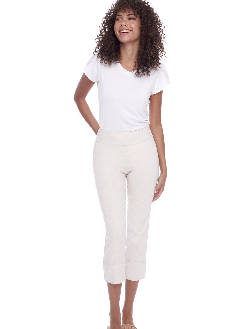 Model smiles wearing Up UP Linen Blend 25" Deep Cuff Pant in beige with a white short sleeve top