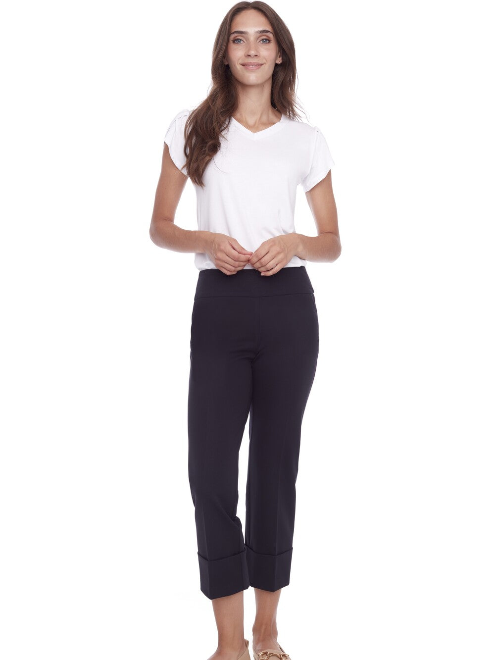 Up Cool Compression 25" Deep Cuff Pant in black from Up worn with a white short sleeve top