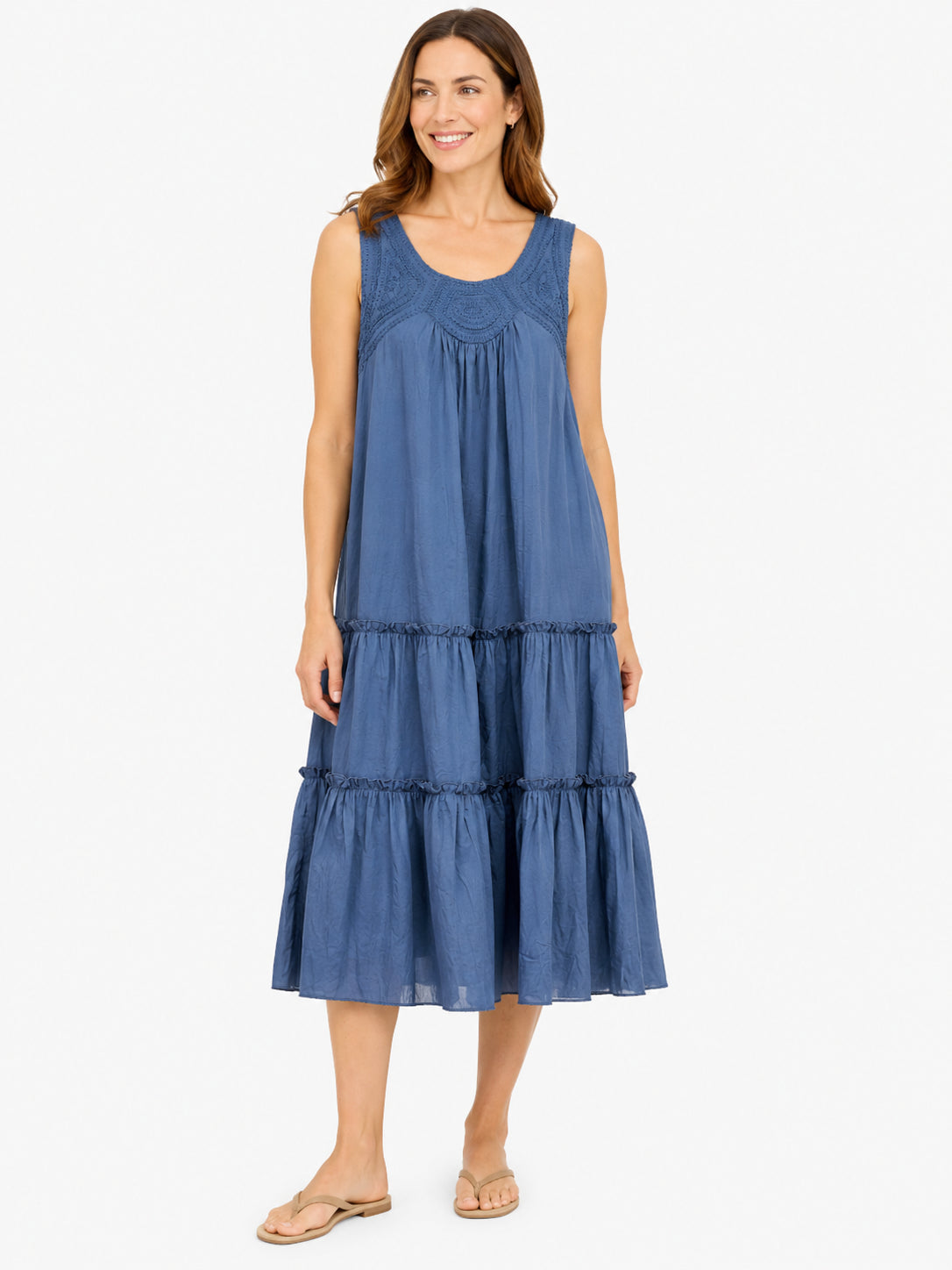 Vintage Stitch Sleeveless Tiered Midi Dress in blue denim style by Nulook Fashions with detailed stitching and tiered design.