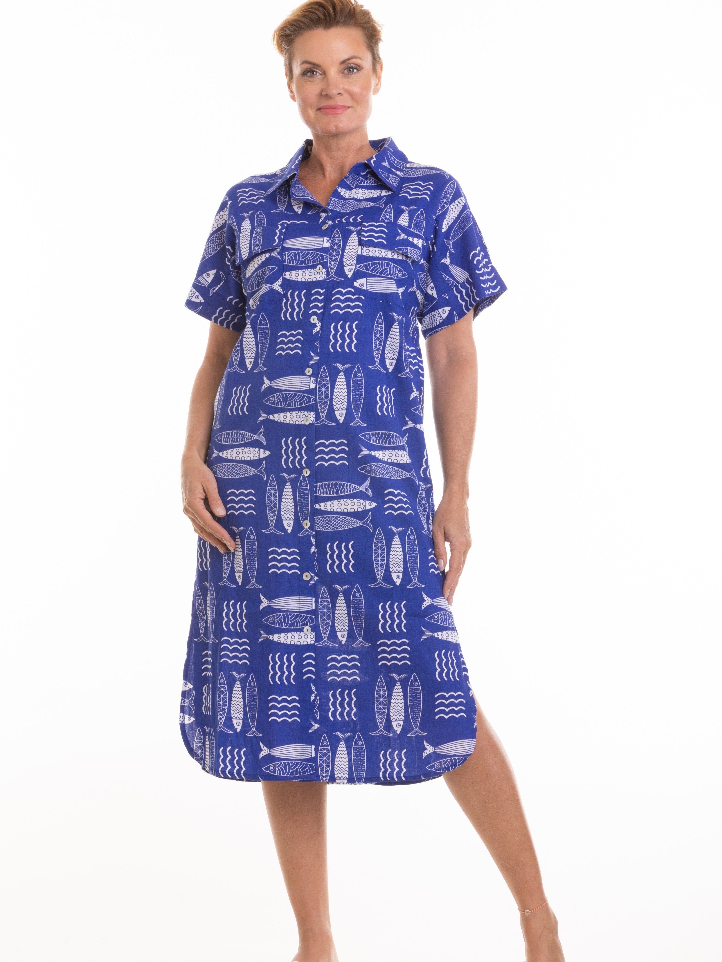 Tri Fish Linen Cotton Shirt Dress in blue with fish pattern by Nulook Fashions, short sleeves and button-down front.