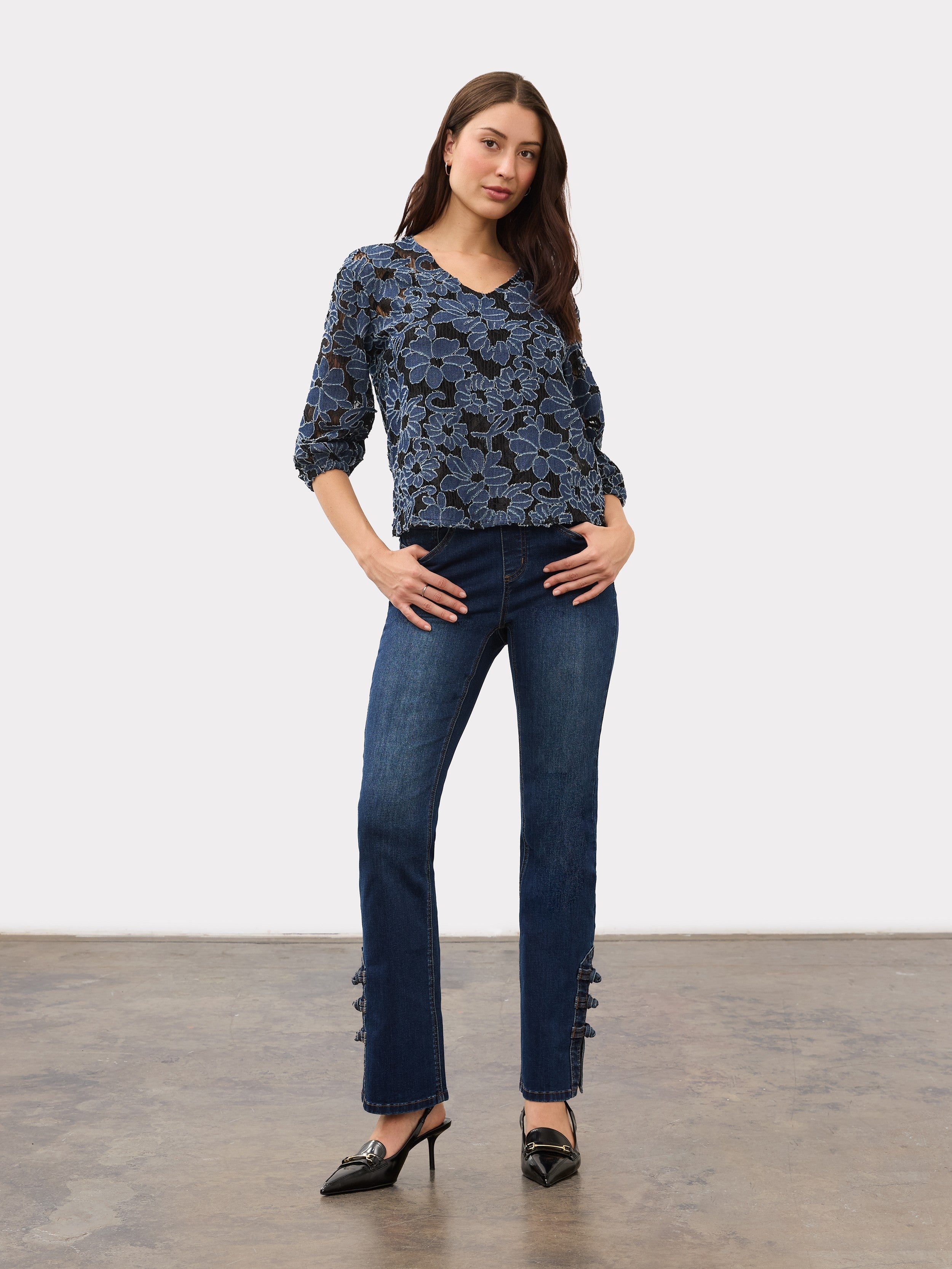FDJ Jacquard Denim 3/4 Sleeve V-Neck Top