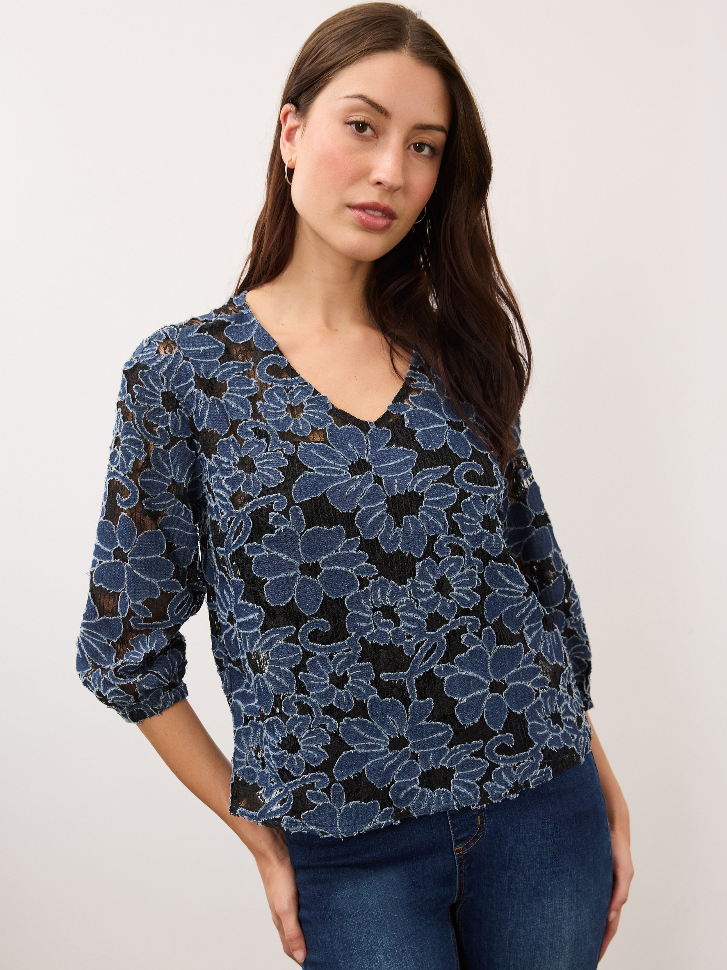 FDJ Jacquard Denim 3/4 Sleeve V-Neck Top