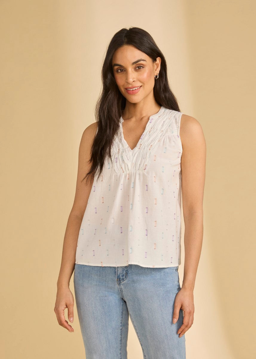 Light sleeveless top with subtle metallic accents and V-neck pattern by French Dressing, called FDJ Metallic V-Neck Top.
