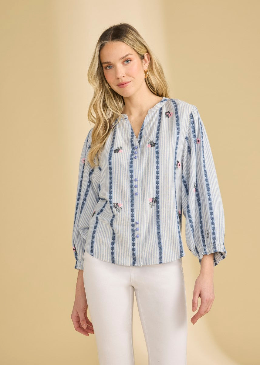 FDJ Feminine Beaded Stripe ¾ Sleeve Top by French Dressing, blue striped floral design with buttons and light fabric