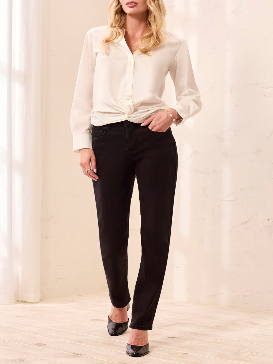 Tribal Sophia Curvy Straight Leg Jeans in black denim styled with a cream blouse by Tribal Sportswear Inc.