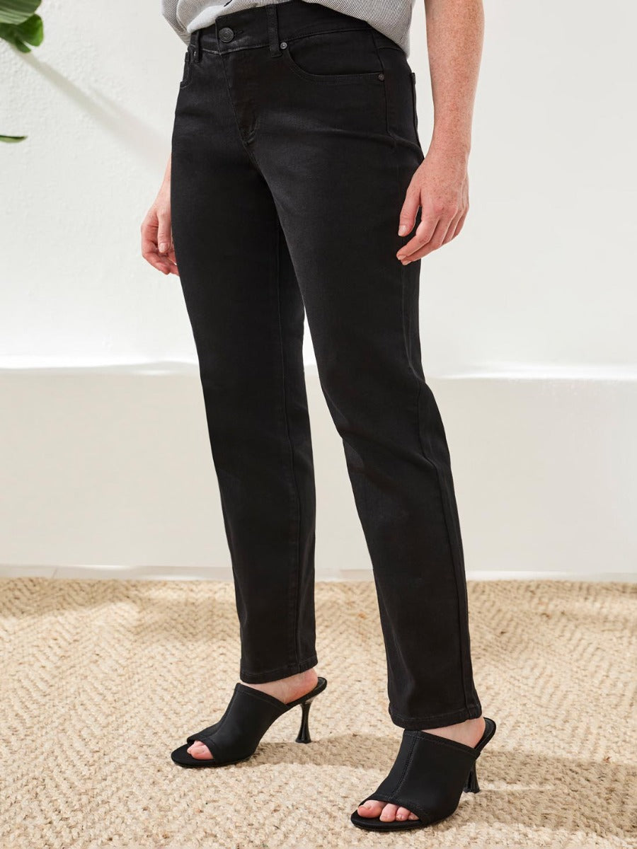 Tribal Sophia Straight Leg Petite Jeans in black denim by Tribal Sportswear Inc. styled with black open-toe heels