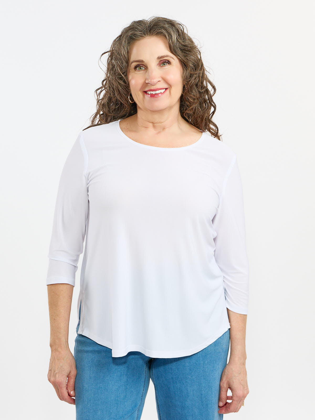 Elizabeth Scoop Neck 3/4 Sleeve Essential Top by Bali Corp. in white, featuring a classic scoop neckline and three-quarter sleeves.