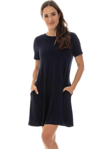 Sandra Short Sleeve Pocket A-Line Dress by Bali Corp. in black, featuring a casual A-line cut and short sleeves.