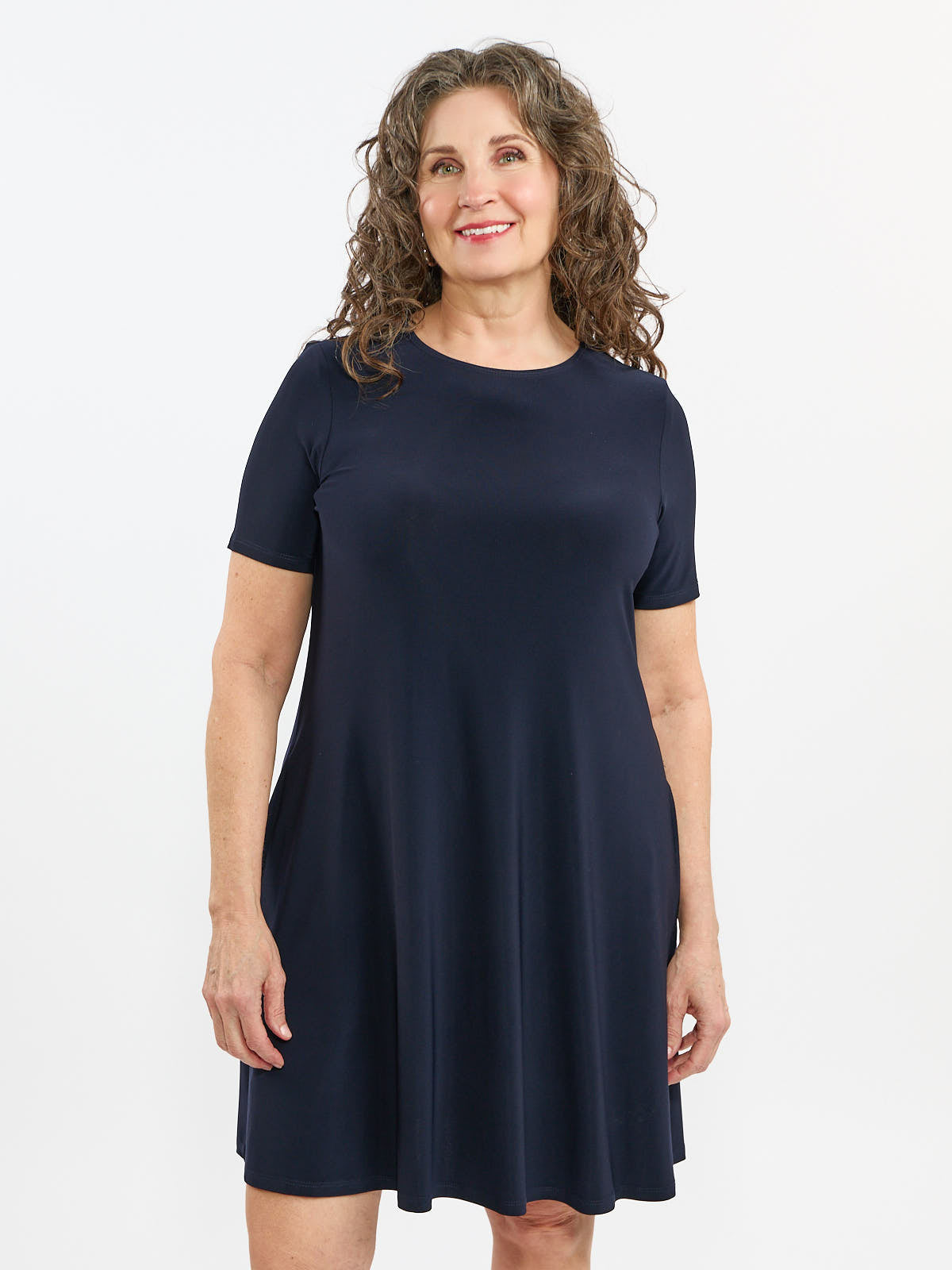 Navy Sandra Short Sleeve Pocket A-Line Dress by Bali Corp., featuring a simple round neckline and relaxed fit.