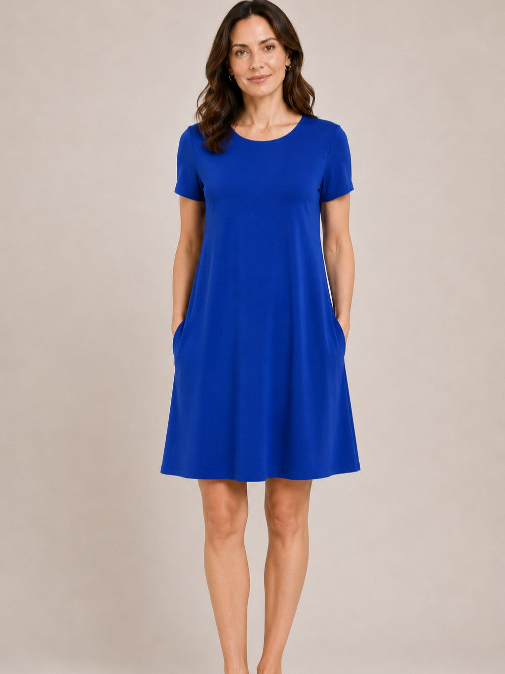 Sandra Short Sleeve Pocket A-Line Dress in royal blue by Bali Corp. with a simple round neckline and short sleeves.
