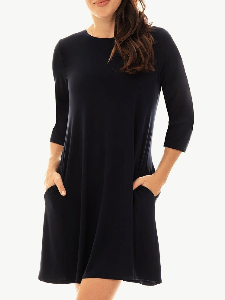 Black Sandra 3/4 Sleeve ITY Pocket A-Line Dress by Bali Corp. with a relaxed fit and front pockets.